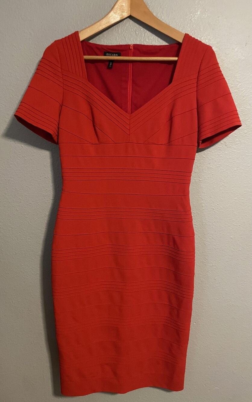 Escada Womens Dayana Dress Size EU 36 Red V Neck Short Sleeve Modern Career